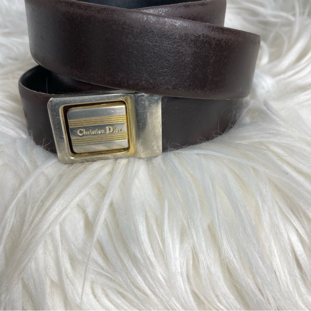 Vintage CHRISTIAN DIOR metal buckle reversible black/brown leather belt SZ-38